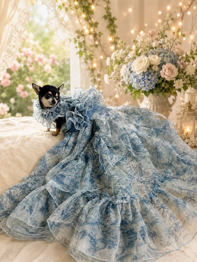 Blue Floral Pet Wedding Dress with Detachable Train boutique pet outfit detail photo 1