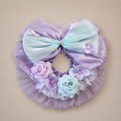 Lavender Blue Floral Satin Lace Pet Bib Collar - lavender blue floral collar flat lay