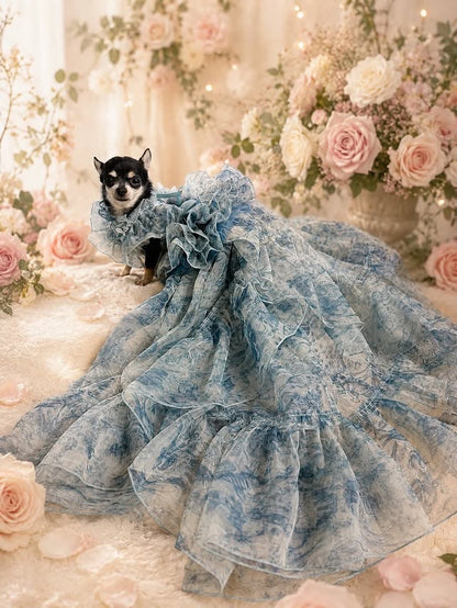 Blue Floral Pet Wedding Dress with Detachable Train boutique pet outfit detail photo 5