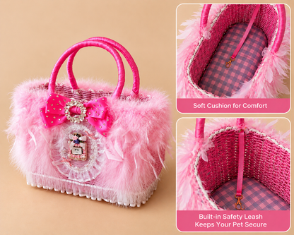 Pink Feather Wicker Pet Carrier Basket - visible product detail view 4