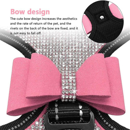 Dog Harness+Leash Sets with Rhinestones – Sparkly Bowknot & Reflective Trim