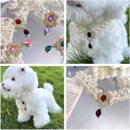 Pearl Pet Necklace with Gem Pendant