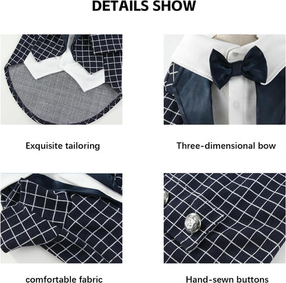 Plaid Tuxedo Dog Suit Outfit with Shirt Bow Tie(Layered-look)