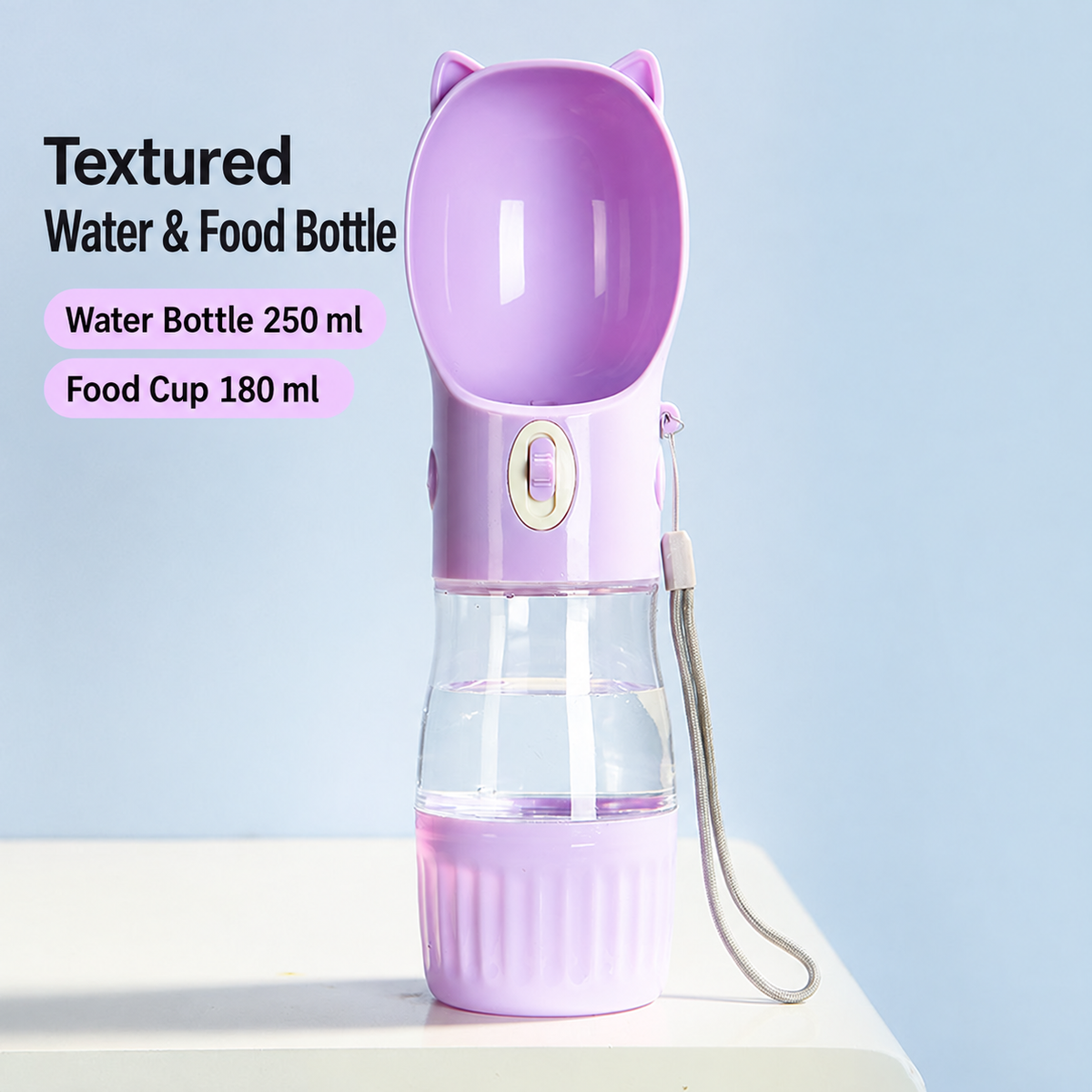 Purple portable pet water bottle with cat-ear trough slide switch and wrist strap