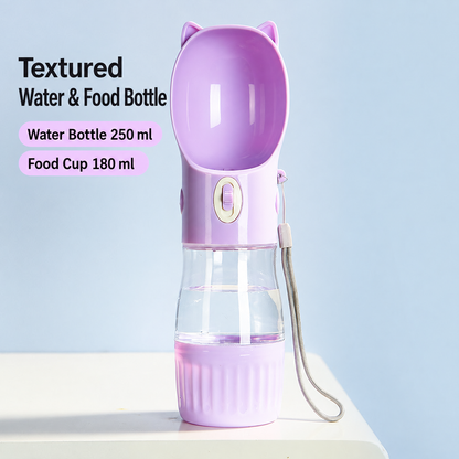 Purple portable pet water bottle with cat-ear trough slide switch and wrist strap