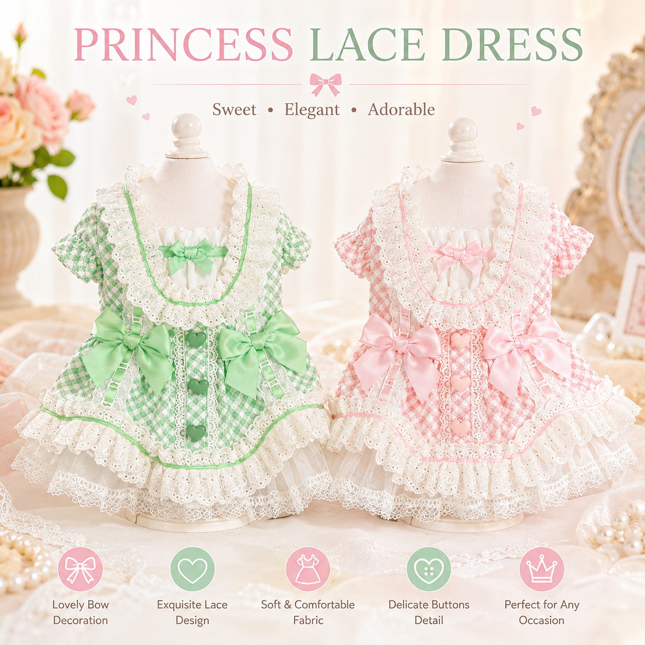 Pink and mint green vintage gingham princess dog dresses with embroidered lace and layered tulle skirts