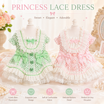 Pink and mint green vintage gingham princess dog dresses with embroidered lace and layered tulle skirts