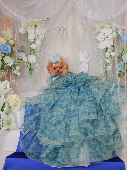 Blue Floral Pet Wedding Dress with Detachable Train boutique pet outfit detail photo 2