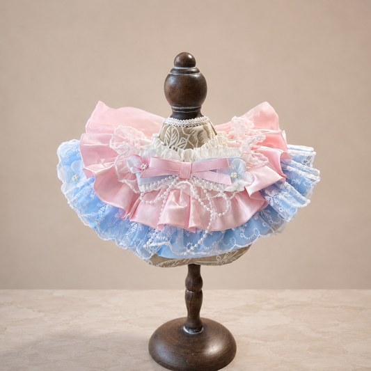 Front view of pink blue floral satin lace pet bib collar with ruffles flowers and pearl accents