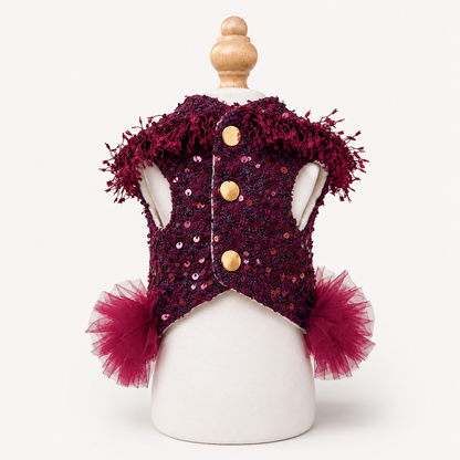 Handmade Wine Red Pet Party Dress with Rhinestone Hearts