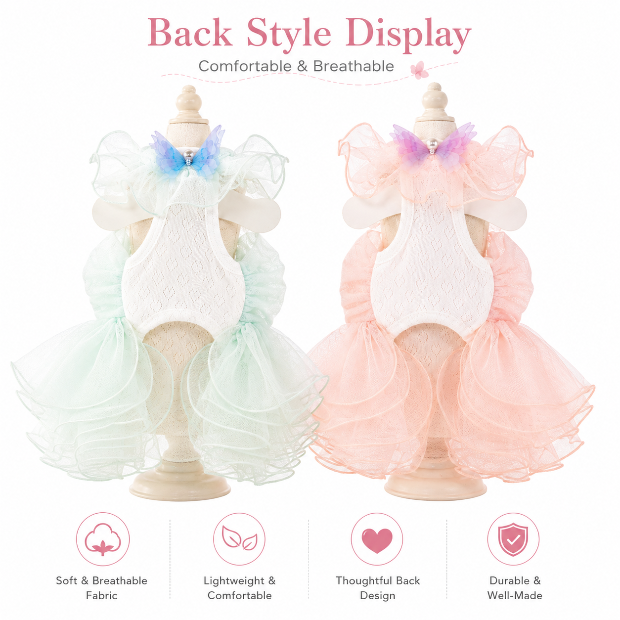 Butterfly fairy dog dresses in blush pink and mint green featuring layered tulle, rhinestone butterfly centerpiece, and luxury princess styling