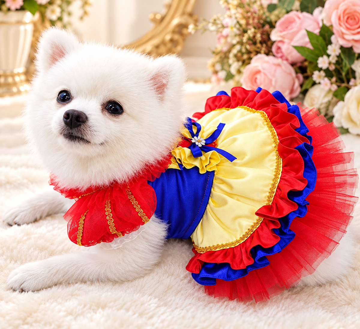 Small dog reclining in layered royal Christmas pet party dress