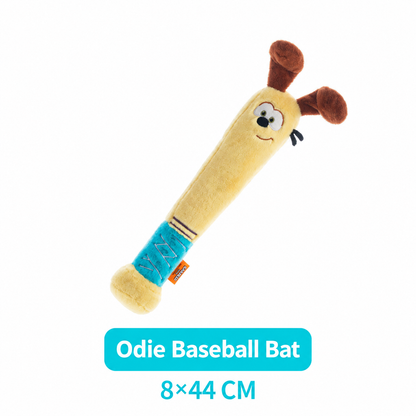 Odie plush baseball bat pet toy measuring 8 by 44 centimeters