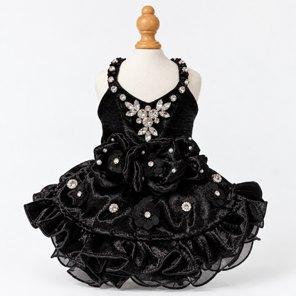 Front view of black satin pet dress with clear gem trim and layered ruffle skirt