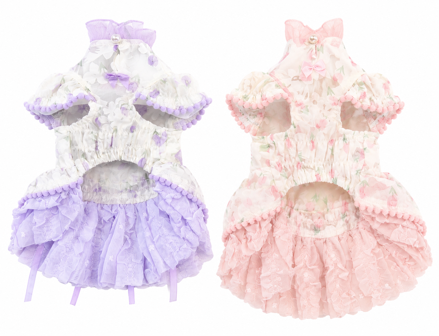 Back view of pink princess dog dress showing layered tutu skirt and floral chiffon design