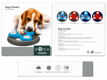 Dog feeder packaging showing intermediate slow feeder puzzle toy and color options