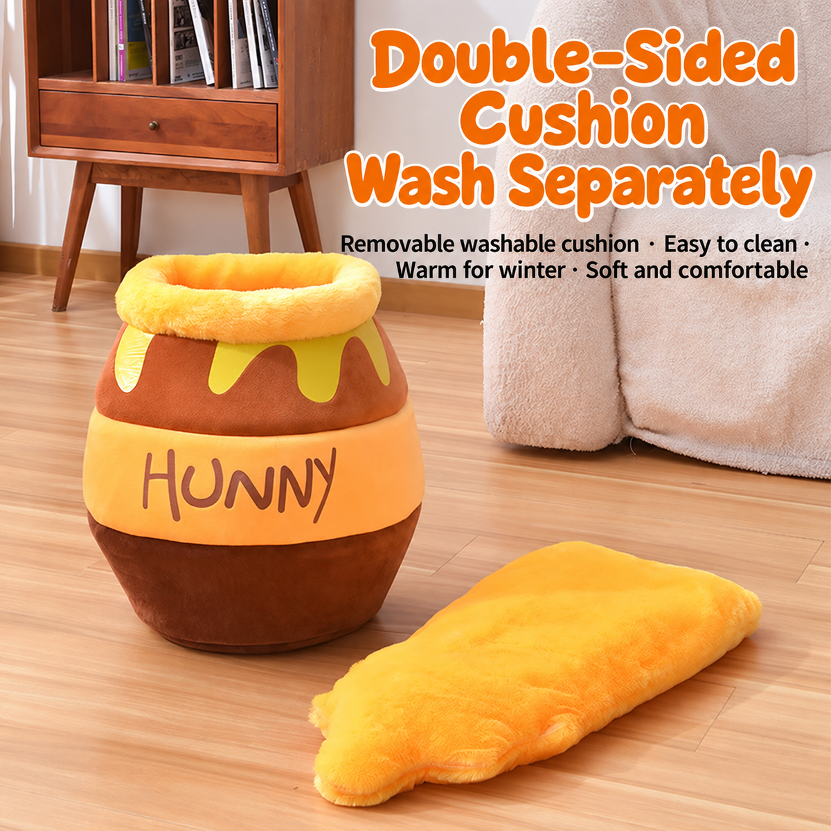 Honey pot pet cave shown upright with its removable double-sided cushion beside it