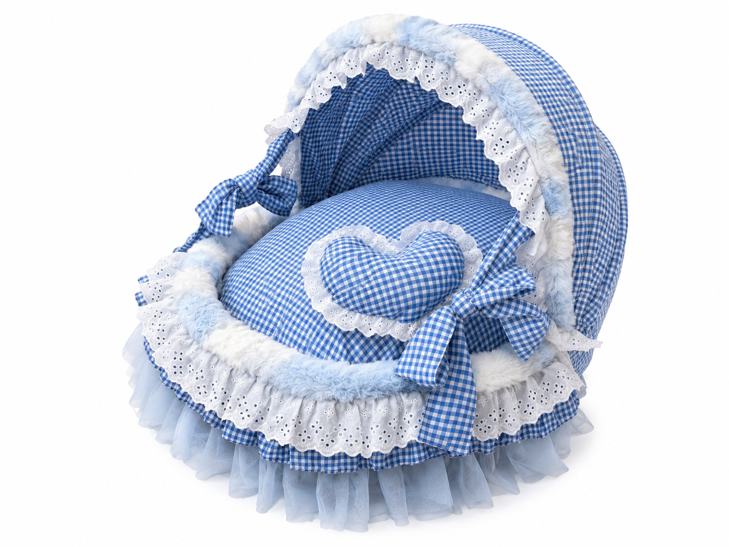 Front view of blue gingham canopy pet bed with lace trim, heart pillow, and bow accents