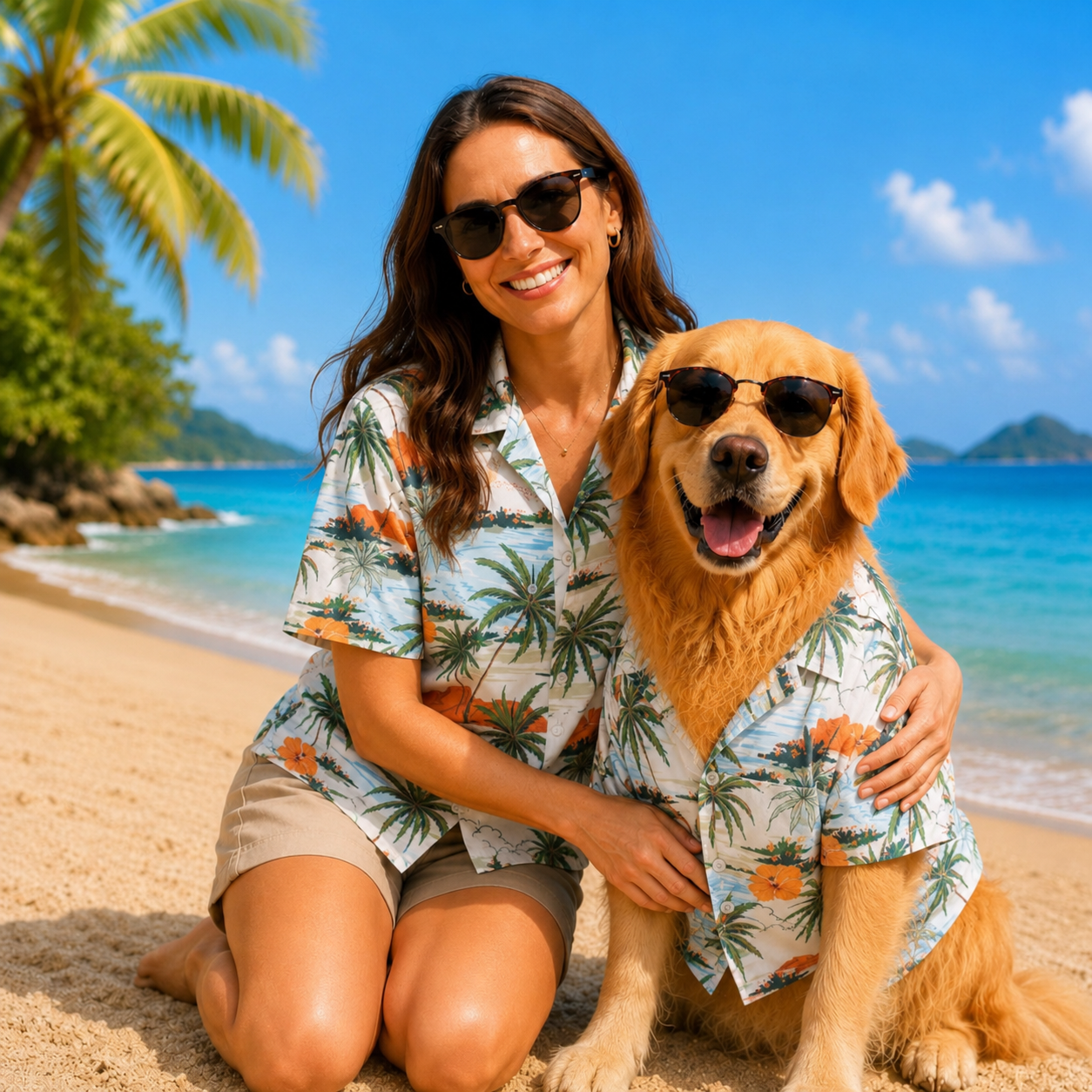 Pet parent and golden retriever wearing matching tropical Hawaiian shirts