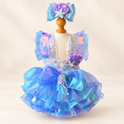 Handmade blue mermaid pet dress with matching starfish sequin hair bow