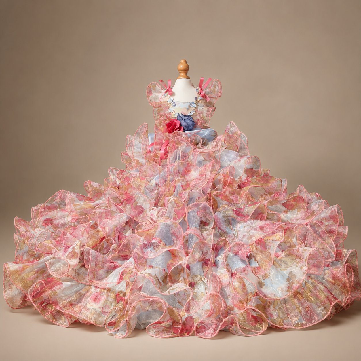 Studio front view of pastel floral pet dress with detachable gown spread