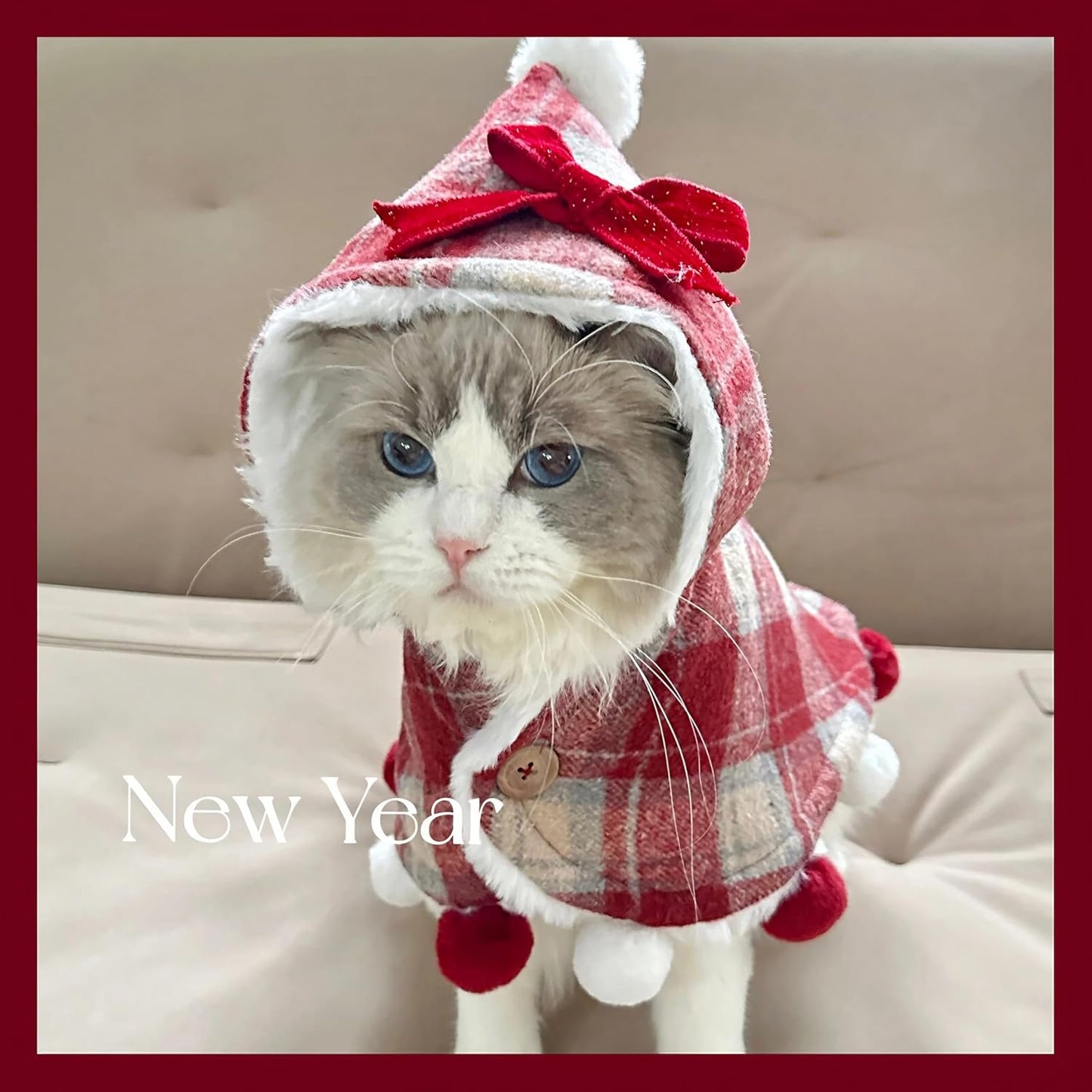 Plaid Pet Hooded Cape with Fuzzy Lining & Pom-Poms