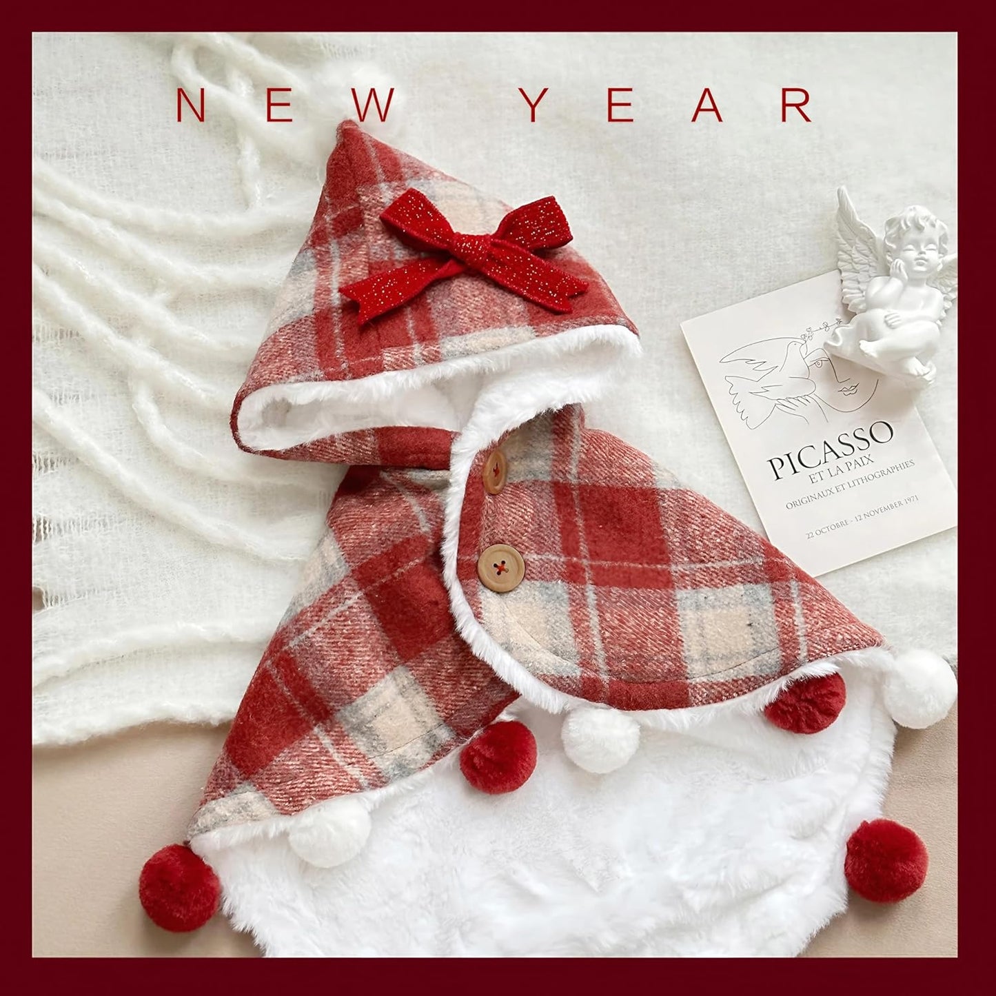 Plaid Pet Hooded Cape with Fuzzy Lining & Pom-Poms