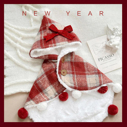 Plaid Pet Hooded Cape with Fuzzy Lining & Pom-Poms