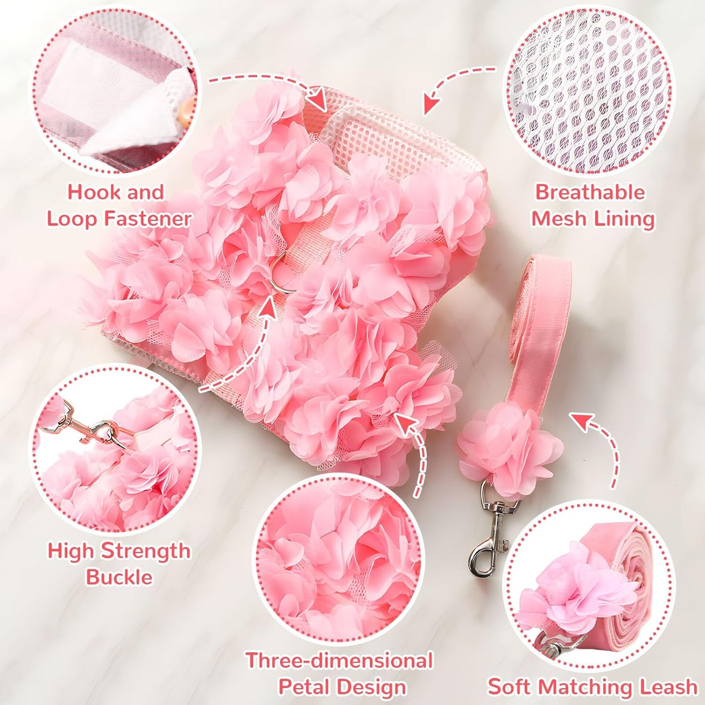 Luxury Floral Dog Harness and Leash Set – 3D Petal Puppy Vest Harness for Small Dogs & Cats