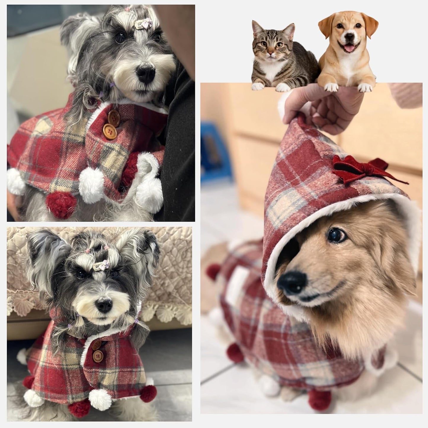 Plaid Pet Hooded Cape with Fuzzy Lining & Pom-Poms