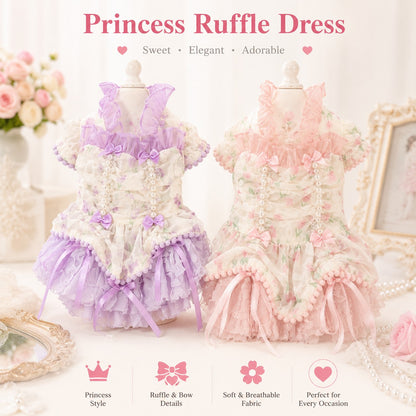 Princess Ruffle Dog Dress | Floral Puppy Party Dress with Pearl Bows