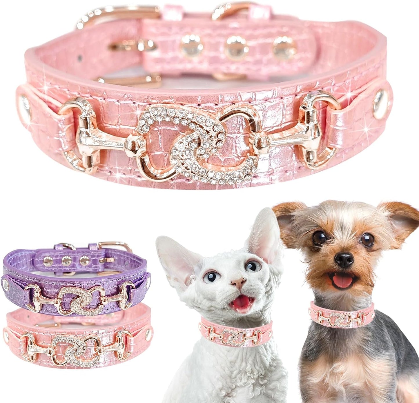 Luxury Crystal Heart Dog Collar – Pink & Purple Croc Texture