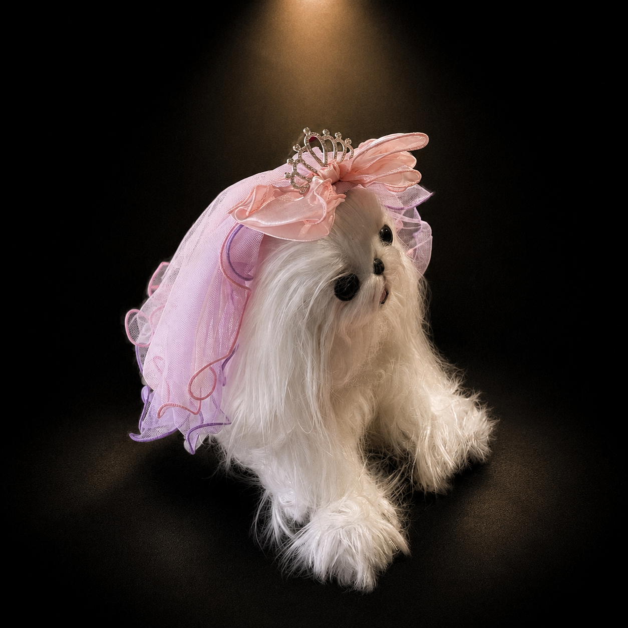 Small white dog wearing pink tulle veil headpiece with tiara accent and sheer ruffles