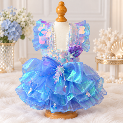 Front display of blue purple mermaid pet dress with sequins bow and shell charms