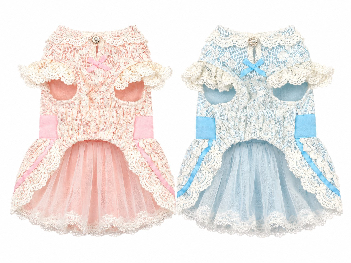 Back view of luxury French lace dog dress with layered lace skirt and satin waist bow