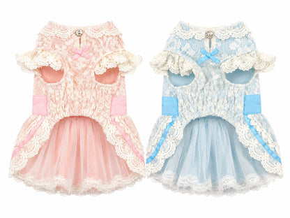 Back view of luxury French lace dog dress with layered lace skirt and satin waist bow