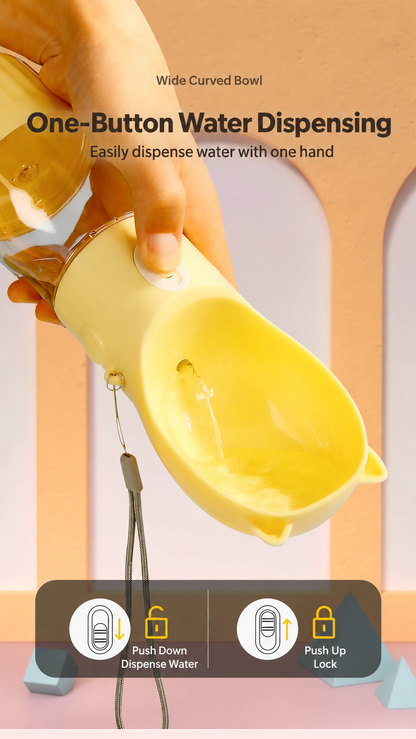 Yellow pet water bottle dispensing water into its wide curved cat-ear drinking trough