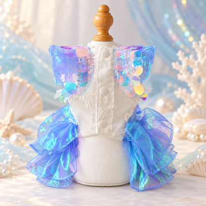 Underside of mermaid pet dress showing white bodice and three button closure