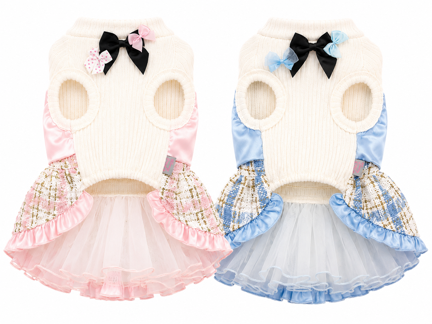 Back view of pink and blue luxury dog dresses with layered tulle skirt and oversized satin bow