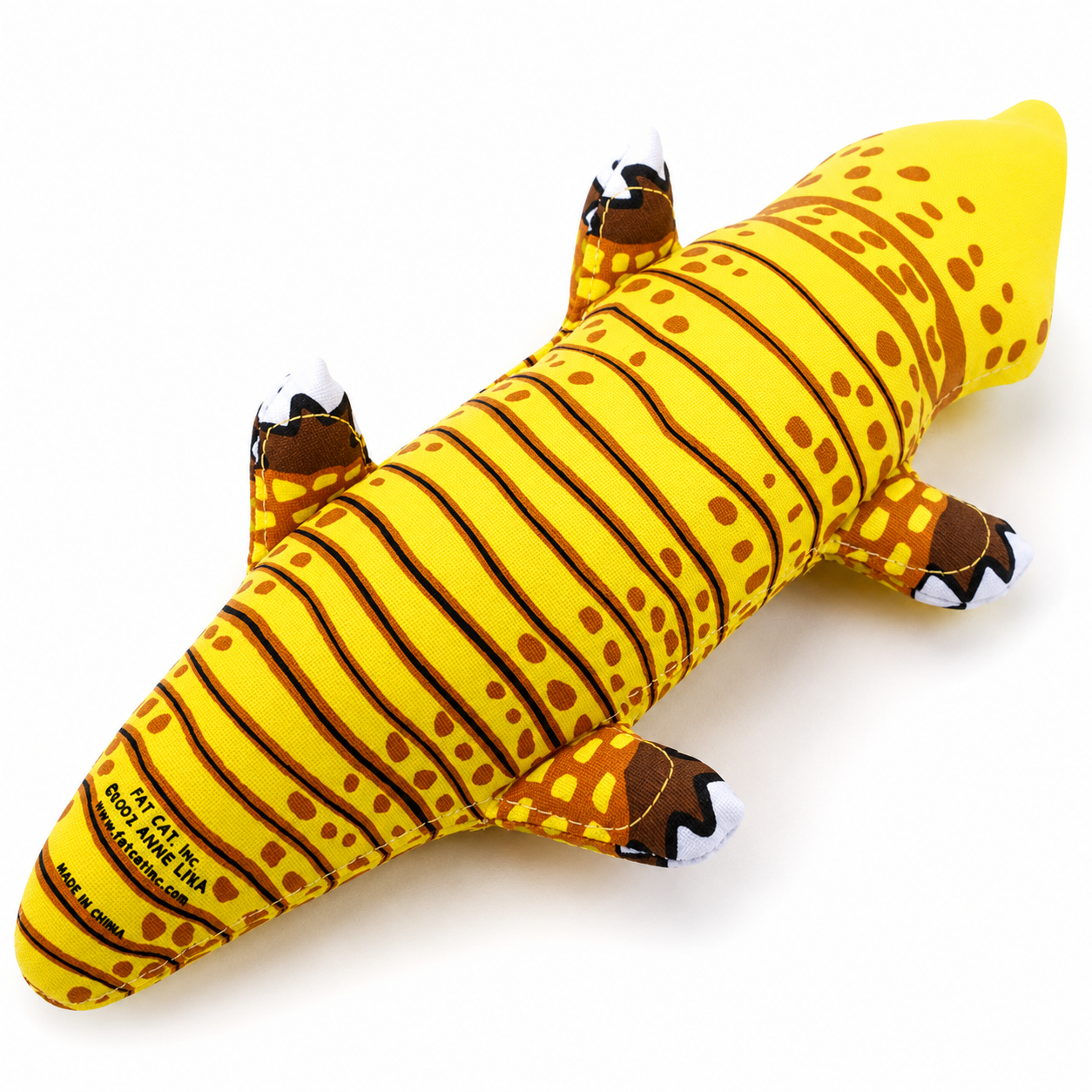 Yellow alligator plush dog toy back view with printed scale pattern and fabric legs