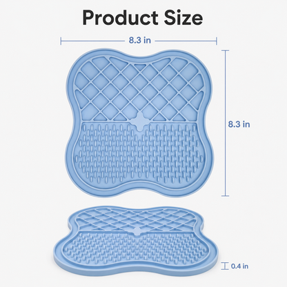 Blue four leaf clover pet mat size chart showing 8.3 by 8.3 inches and 0.4 inch thickness