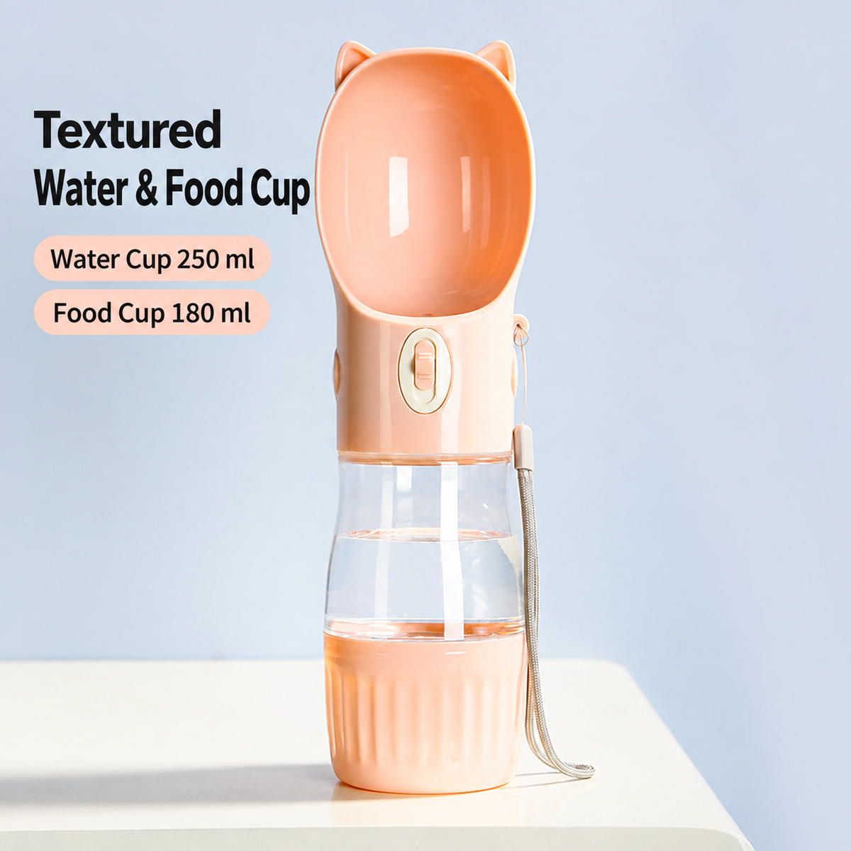 Pink pet water bottle with 250 mL water capacity 180 mL food cup and wrist lanyard