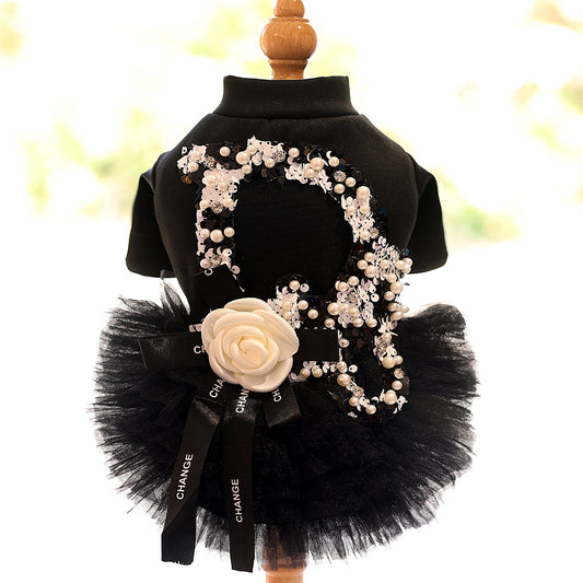 Black Pearl Sequin Pet Tutu Dress with 3D Flower - Formal Party Look