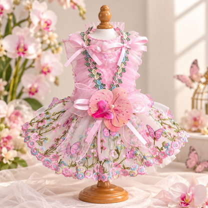 Front view of pink handmade pet dress with flower accent and embroidered skirt