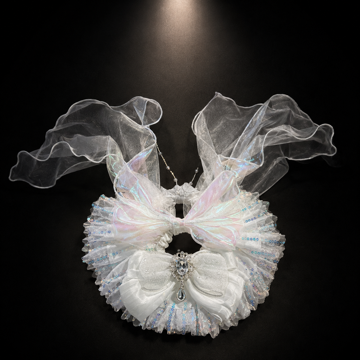 White Iridescent Satin Lace Pet Bib Collar - white collar flat lay with sheer ties