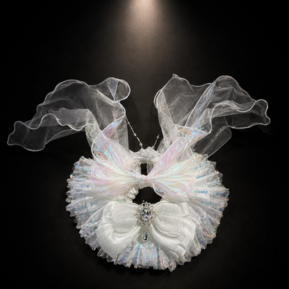 White Iridescent Satin Lace Pet Bib Collar - white collar flat lay with sheer ties