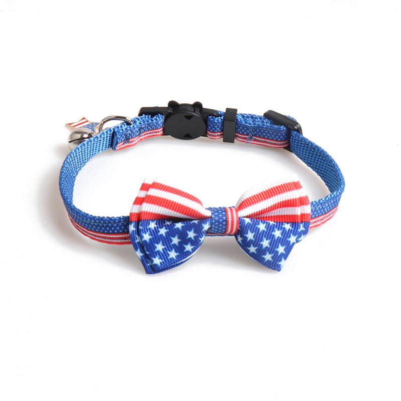 Blue stars and stripes bow tie cat collar with bell and black buckle