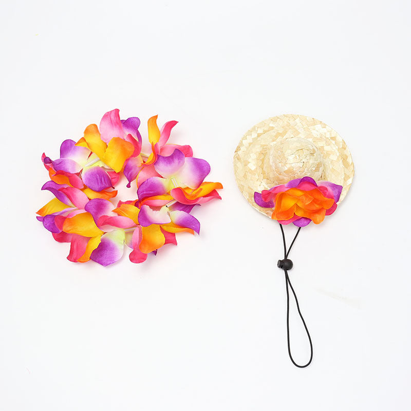 Bright pink orange and purple flower lei with straw pet hat