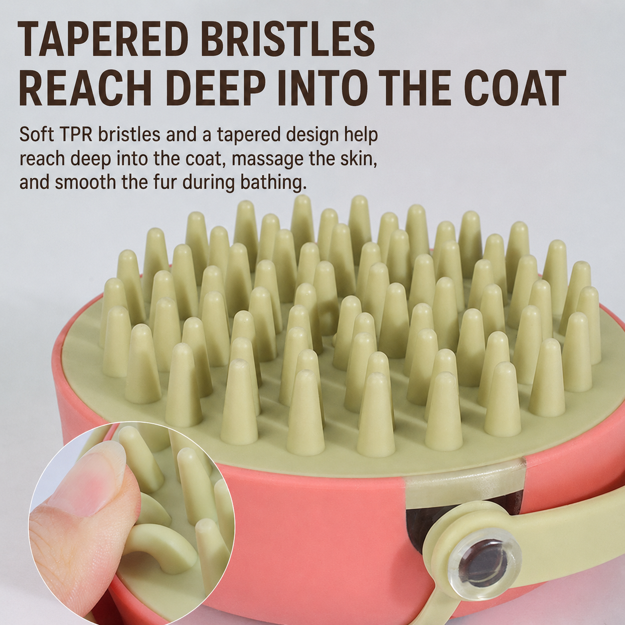 Close up of tapered silicone bristles on shampoo dispensing pet bath brush