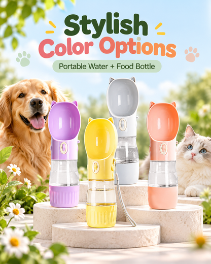 Purple yellow gray and pink portable pet water bottle color options for dogs and cats